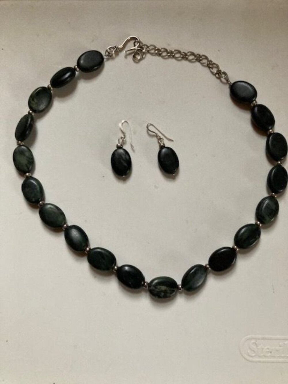 Dark Grayish Blue Stone Beaded Necklace and Earring Set